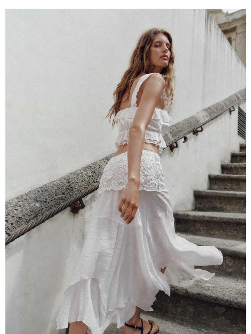 Zara Boho Embroided White Lace-Trim Eyelet Crop Top & High-Low Midi Skirt - Picture 3 of 6